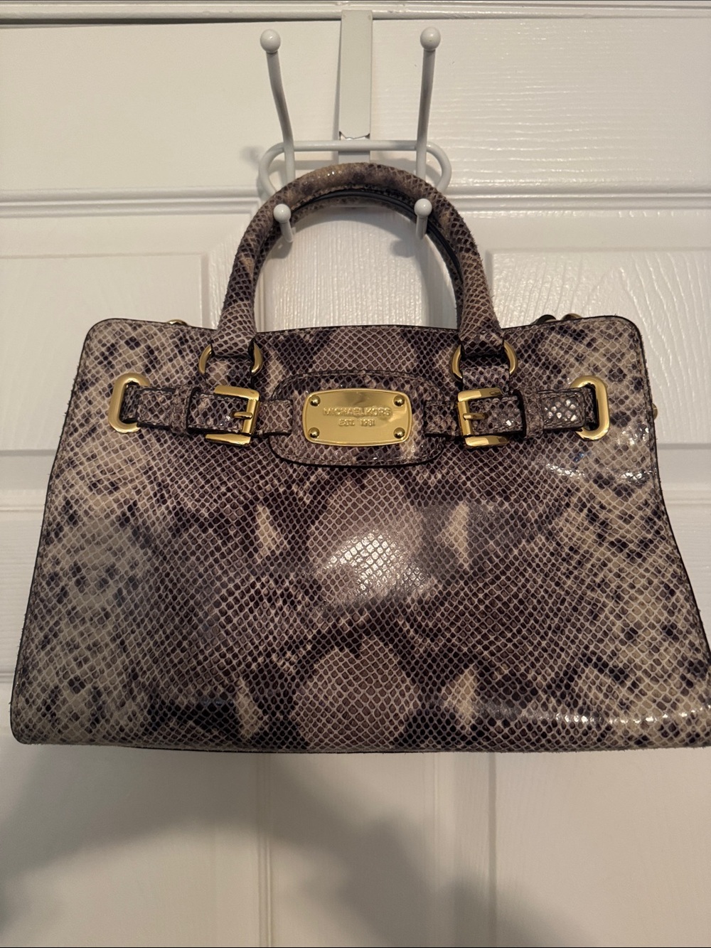 Michael Kors Gray and Cream Snakeskin-Print Satchel with Gold Hardware